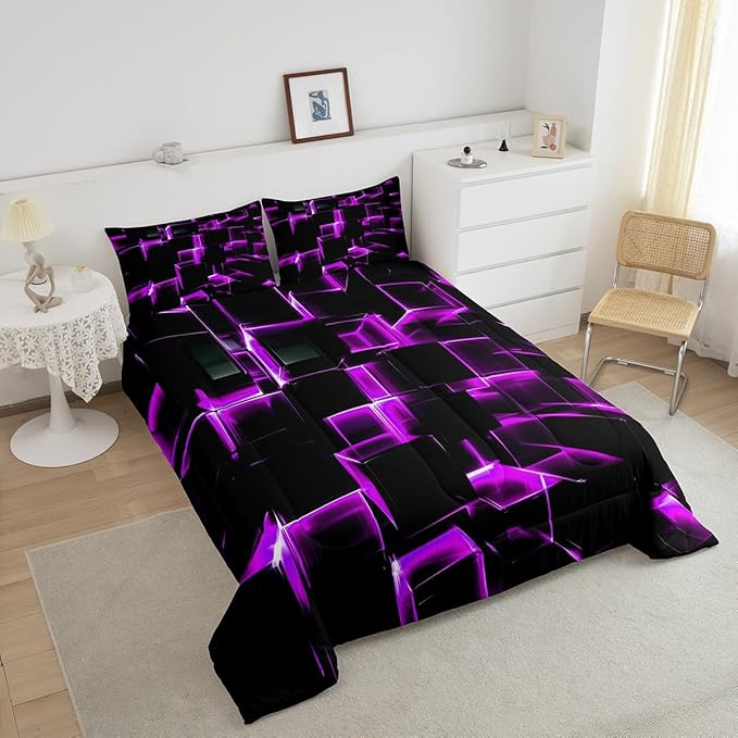 Erosebridal Purple Black Geometric Comforter Set Queen Size 3D Stereoscopic Square Bedding, Glowing Neon Squares Bed Set 3 Piece Gradient Grid Plaid Soft Microfiber Down Comforter