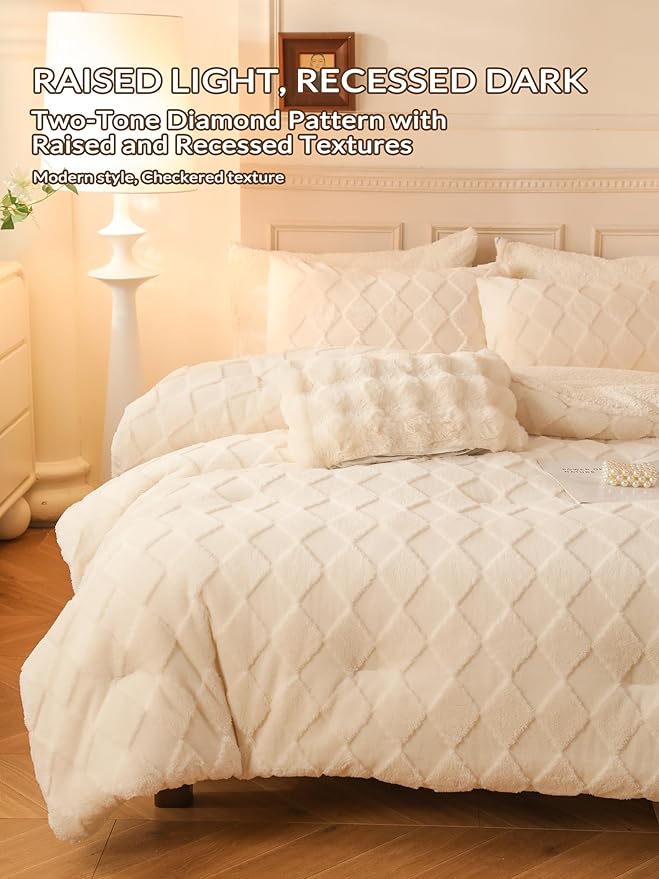 Tufted Fleece Comforter Set Queen - Super Soft Warm Fluffy Shaggy Bedding Sets, Diamond Plaid Jacquard Bed Set for Winter, 1 Sherpa Comforter with 2 Pillow Cases (90"X90" Ivory White)