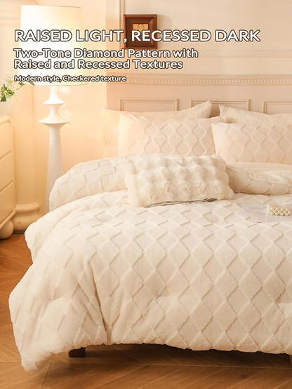 Tufted Fleece Comforter Set Queen - Super Soft Warm Fluffy Shaggy Bedding Sets, Diamond Plaid Jacquard Bed Set for Winter, 1 Sherpa Comforter with 2 Pillow Cases (90"X90" Ivory White)