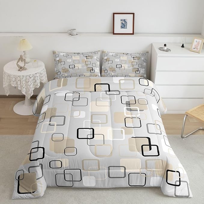 Erosebridal Minimalist Geometric Square Bedding Set Full Mid-Century Plaid Comforter Set for Kids Girls Boys Neutral Gray Beige Abstract Down Comforter Modern Checkered Quilt Duvet