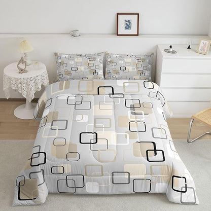 Erosebridal Minimalist Geometric Square Bedding Set Full Mid-Century Plaid Comforter Set for Kids Girls Boys Neutral Gray Beige Abstract Down Comforter Modern Checkered Quilt Duvet