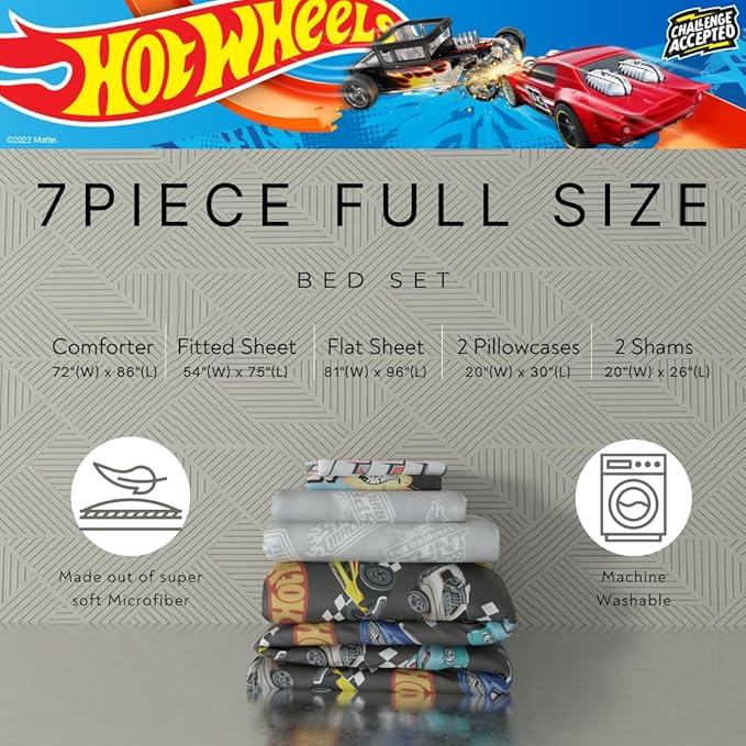 Hot Wheels Kids Bedding Super Soft Comforter and Sheet Set with Sham, 7 Piece Full Size, (Officially Licensed Product) by Franco