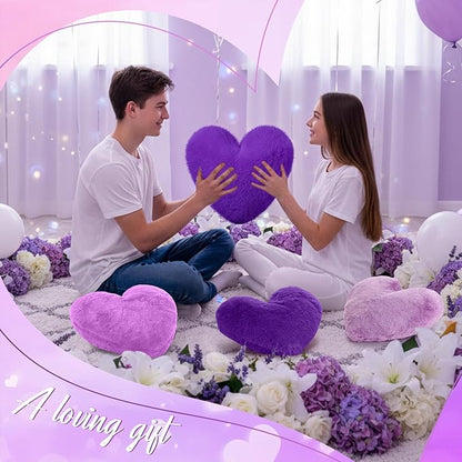 9 Pcs Purple Series Heart Pillow Faux Rabbit Fur Fluffy Love Heart Throw Pillows Cute Decorative Soft Throw Cushion Gift for Women Couch Bed Sofa Chair Home 11 in