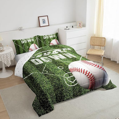 Feelyou Baseball Comforter Set Queen Size Gaming Sports Comforter for Boys Girls Teens Ball Games Bedding Set Gift for Baseball Lover Duvet Set Moss Green Quilt Set