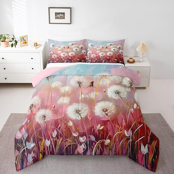Dandelion Kids Comforter Twin,Botanical Leaves Plants Bedding Set for Girls Youth Bedroom Decor,Pink Gradient Sky Reversible Quilt Sets,Farmhouse Style Bedding Comforter Set,Soft Fluffy