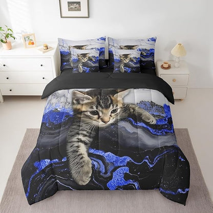 Erosebridal Marble Kids Bedding Set Cartoon Cat Cute Marbling Comforter Sets with Sheets for Boys Girls Kids Modern Blue Liquid Quicksand Bed Set Watercolor Artwork Bed in A Bag Twin