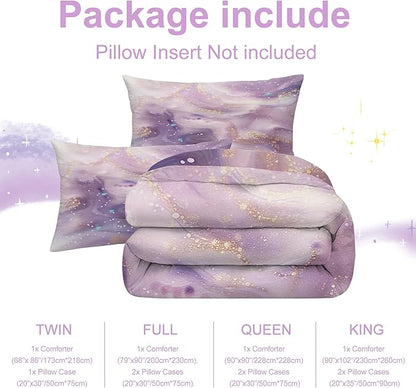 Glitter Marble Comforter Set King Size Sparkly Lavender Marbled Bedding Set Glitter Tie Dye Marbling Bed Set Watercolor Fluid Quilt Set with 1 Comforter + 2 Pillowcases