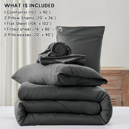 Anluoer Dark Grey King Comforter Set 7 Pieces, Bed in a Bag with Sheets, All Season Bedding Sets with 1 Comforter, 2 Pillow Shams, 2 Pillowcases, 1 Flat Sheet, 1 Fitted Sheet
