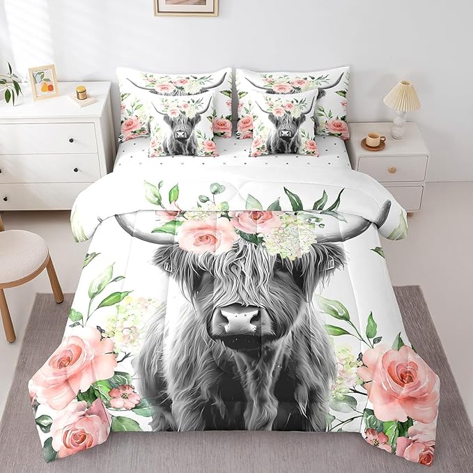 Feelyou Highland Cow Bed in a Bag Kids Rose Floral Bull Cattle Bedding Set Girls Western Comforter Set Queen Size 7 Pieces Farmhouse Bed Set with Comforter, Sheet Set, Pillowcases, Pillow Covers