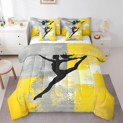 Girls Gymnastics Bed in a Bag 7pcs Yellow Grey Gradient Bedding Comforter Sets, Watercolor Twin Bedding Sets (1 Comforter, 1 Fitted Sheet, 1 Flag Sheet, 2 Pillowcases, 2 Throw Pillow Covers)