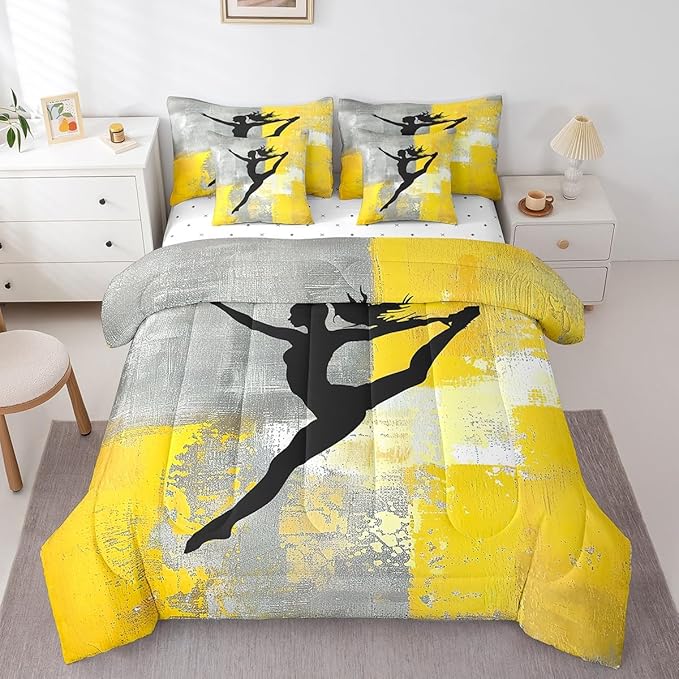 Girls Gymnastics Bed in a Bag 7pcs Yellow Grey Gradient Bedding Comforter Sets, Watercolor Full Bedding Sets (1 Comforter, 1 Fitted Sheet, 1 Flag Sheet, 2 Pillowcases, 2 Throw Pillow Covers)
