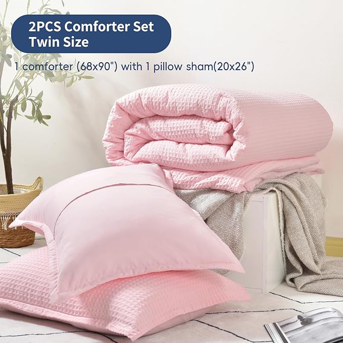 David's Home Waffle Weave Comforter Set 2PCS Twin Size, Soft Breathable Lightweight Cozy Skin-Friendly Warm for All Season, Elegant Aesthetic Home Decor Bedding Set with Pillow Shams, Pink