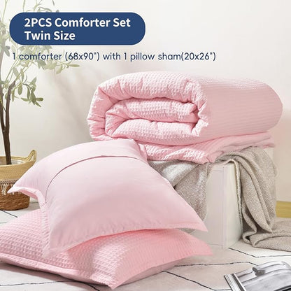 David's Home Waffle Weave Comforter Set 2PCS Twin Size, Soft Breathable Lightweight Cozy Skin-Friendly Warm for All Season, Elegant Aesthetic Home Decor Bedding Set with Pillow Shams, Pink