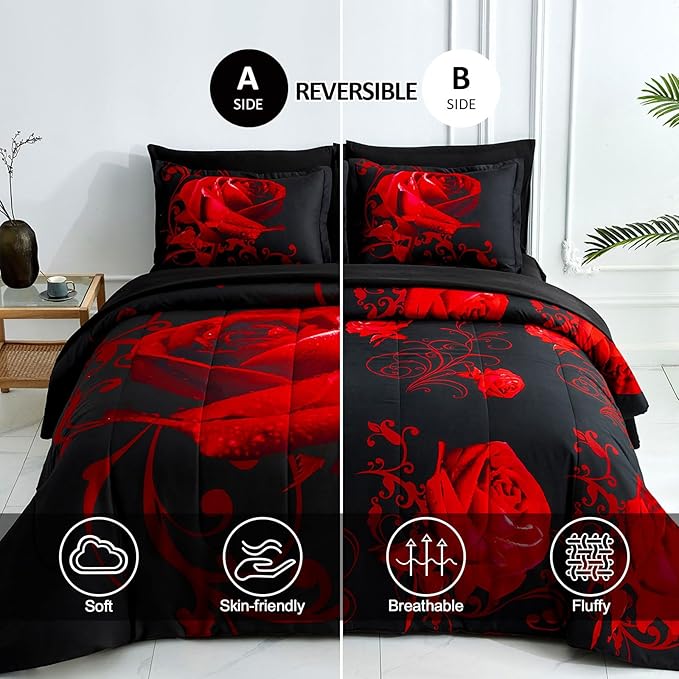 WONGS BEDDING Red Comforter Set Full, 7 Pieces Reversible Red Rose Pattern Lightweight Soft Microfiber Bedding Set for All Seasons with Comforter, Flat Sheet, Fitted Sheet, Pillowcases & Shams