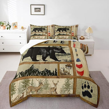 Farmhouse Hunting Bear Comforter Set Full Size, Lake House Decor Bedding, Retro Woodland Lake Paddle Down Comforter, Deer Moose Wildlife Duvet Insert, Rustic Buffalo Grid Quilt Cabin Lodge Decor