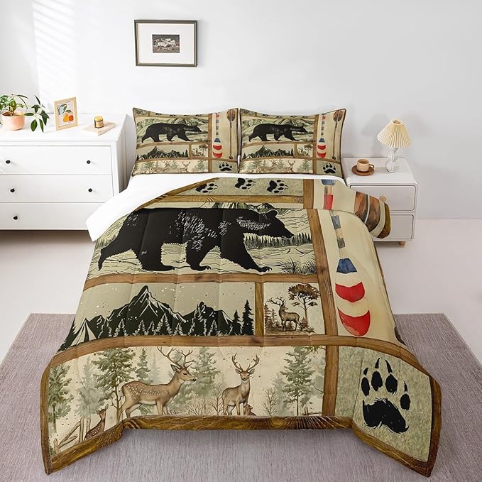 Farmhouse Hunting Bear Comforter Set King Size, Lake House Decor Bedding, Retro Woodland Lake Paddle Down Comforter, Deer Moose Wildlife Duvet Insert, Rustic Buffalo Grid Quilt Cabin Lodge Decor