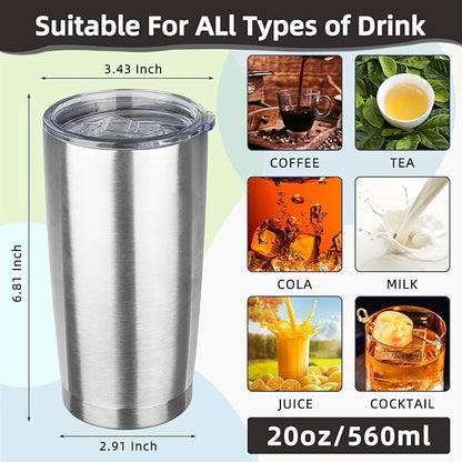 20oz Tumbler with Lid Stainless Steel Insulated Tumblers Travel Coffee Tumbler Bulk Double Wall Vacuum Insulated Water Cup Christmas Gifts for Women Men Her Him Home Office (Silver, 6pack)