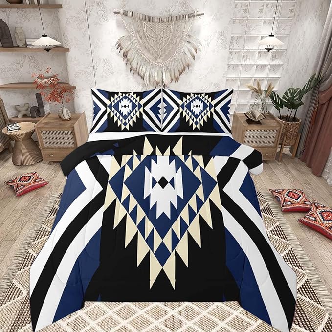 Feelyou Kids Blue Black Boho Western Bedding Set Full Size Southwestern Aztec Tribal Comforter Set for Boys Girls Vintage Geometric Duvet Quilt