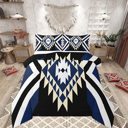 Feelyou Kids Blue Black Boho Western Bedding Set Full Size Southwestern Aztec Tribal Comforter Set for Boys Girls Vintage Geometric Duvet Quilt