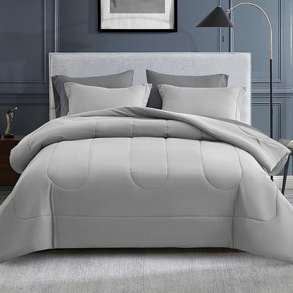 Maple&Stone Queen Comforter Set Grey, 7 Pieces Bed in a Bag - Down Alternative Bed Set with Comforter, Sheets, Pillowcases & Shams, All Season Lightweight Bedding Set, Light Grey