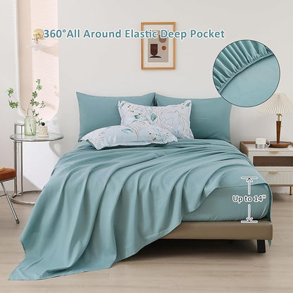 WONGS BEDDING Aqua Comforter Set Full Size, 7 Pieces Aqua Botanical Bed in a Bag Comforter Complete Golden Leaves Gradient Bedding Bedding Set for All Season with Sheets,Pillowcases & Shams