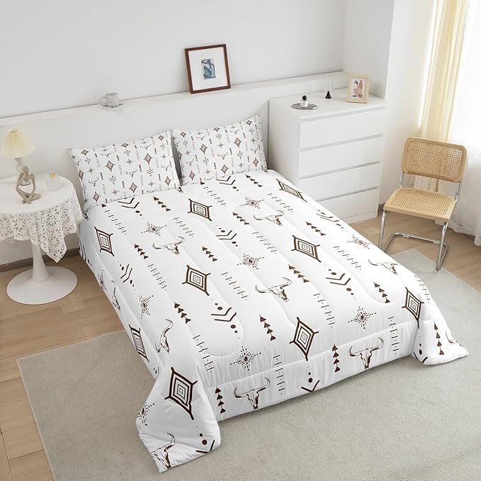 Feelyou Bull Skull Western Comforter Set Boho Ethnic Horns Bedding Set Queen Size for Kids Adult Brown White Tribal Symbol Mysterious Aztec Comforter