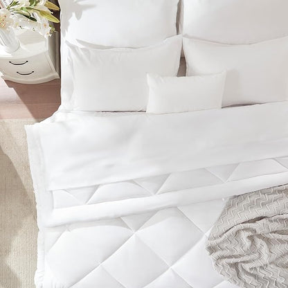 SLEEP ZONE Comforter Set Queen Cooling, 7 Pieces Down Alternative Quilted Comforter for Women and Men, Include Comforter, Fitted Sheet, Flat Sheet, Pilowcase, Pillow Sham (White Square, Queen)