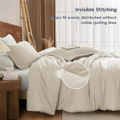 PHF Cotton Muslin Comforter Set King Size, Ultra Soft, Breathable & Lightweight All-Season Bedding, Filling: 100% Polyester, 3 Pieces with 1 Comforter 104"x90" and 2 Pillow Shams 20"x36", Natural