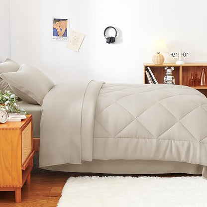 CozyLux Twin XL Comforter Set Beige - 5 Pieces Twin Extra Long Bed in a Bag for College Dorm, All Season Bedding Set for Girls and Boys, Soft Bed Set with Comforter, Sheets, Pillowcase & Sham