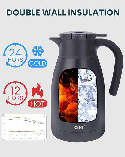 GiNT 51Oz Stainless Steel Thermal Coffee Carafe with Lid/Double Walled Vacuum Thermal Carafe / 12 Hour Heat Retention (Black, 1.5L)