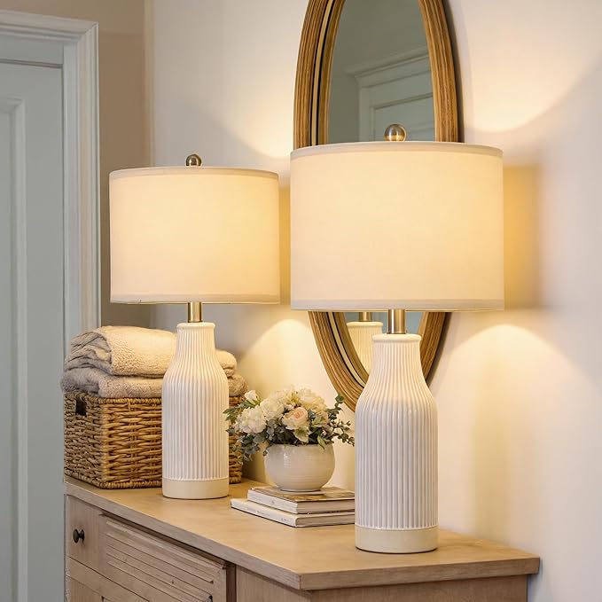 23.75" Modern Ceramic Table Lamps Set of 2, Stylish Bedside Lamps for Bedroom, Gorgeous Lamps for Nightstand, Lamps for Living Room, Farmhouse End Table Lamps, Cream Home Decor