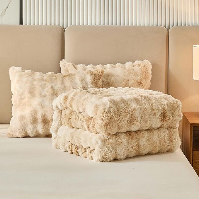 Full Faux Rabbit Fur Comforter Set - 3 Pieces Fluffy Bedding Set Ultra Soft Warm Shaggy Winter Flannel Bed Set, Luxury Skin Friendly Sherpa Comforter Set & Pillow for Thanksgiving Tie Dye Coffee