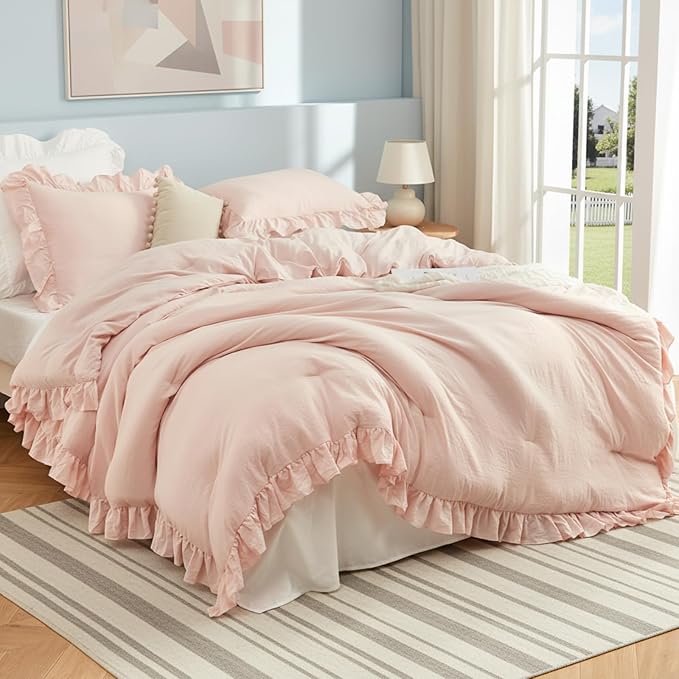 CAROMIO Pink Ruffled Twin Comforter Set, 2PCS Soft Washed Microfiber Lightweight & Fluffy All-Season Bedding Comforter with Vintage French Country Style, Pink, 68x90 in