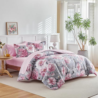 Joyreap 3pcs Floral Comforter Set King, Tie-dye Pink Flowers on Gray Design, Microfiber Lightweight Bedding Comforter Set for All Season- 100x88 inches