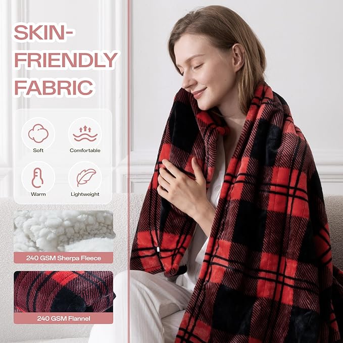 Electric Blanket Heated Twin Size-62" x 84" Red Plaid Heated Blanket with 8 Heat Levels & 10 Hours Auto Off, Fast Heating Blankets with ETL & FCC Certification