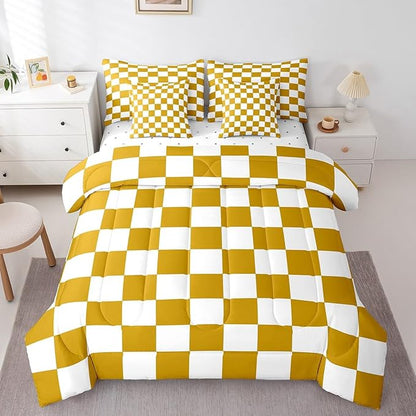 Feelyou Checkered 7 Piece Bedding Set Teen Yellow White Plaid Decoration Comforter Set with Sheets Twin Size Kids Boys Cute Retro Neutral Grid Geometric Bed in a Bag Vintage Aesthetic Room Decor