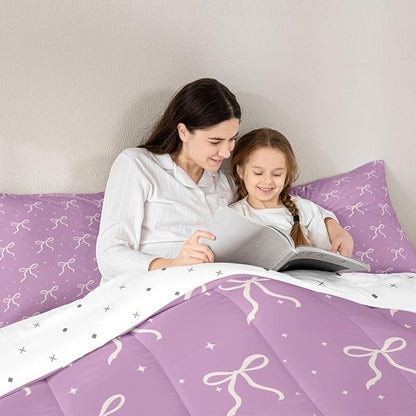 Erosebridal Ribbon Bow Comforter Toddler Size Coquette Bowknot Comforter Set Cute Kawaii Preppy Bows Bedding Set for Teen Girls Kids Women Dreamy Princess Purple Aesthetic Quilt Duvet