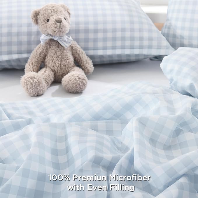 Andency Light Blue Gingham Comforter Set Full(79x90Inch), Checkered Grid Plaid Buffalo Bed Set for Girls Boys Kids Teens, 3 Pieces Lightweight Microfiber Geometric Preppy Bedding