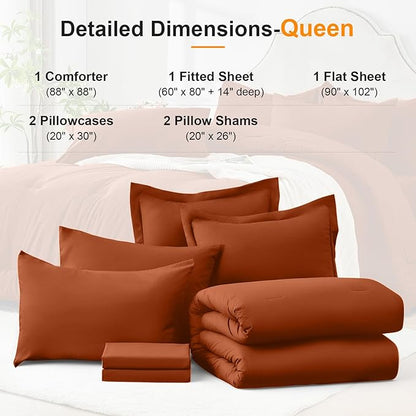 Queen Comforter Set 7 Piece - Soft Bed in a Bag Queen Size Comforter Sets, Cozy Luxury Bedding Sets with All Season Comforter, Flat Sheet, Fitted Sheet,2 Pillowcases & 2 Shams, Orange