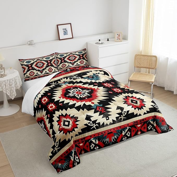 Feelyou Boho Comforter Set Queen Size Southwest Native American Design Comforter Southwestern Geometric Bedding Set Western Decor Duvet Set Black Beige Quilt Set
