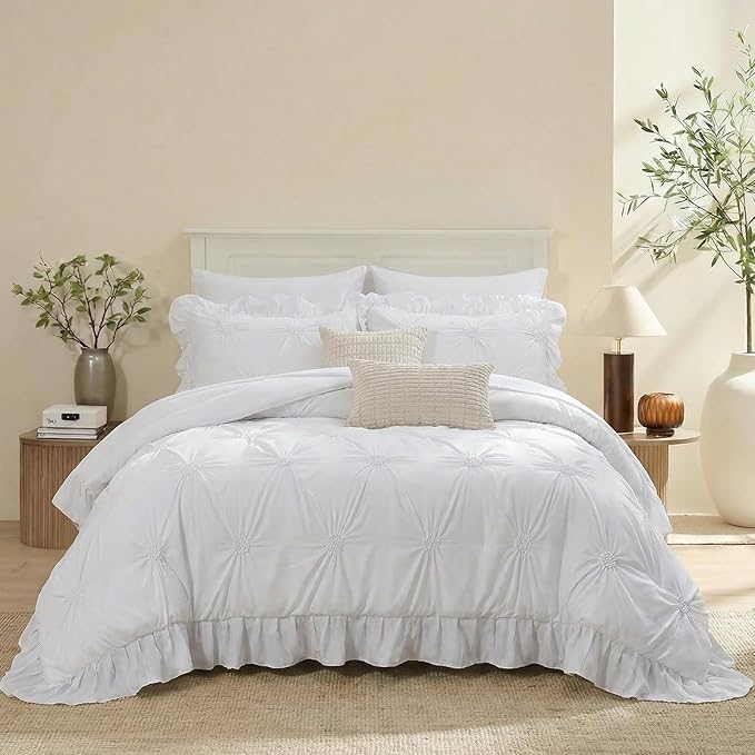 Bedbay White Ruffle Comforter Set King Size Ruched Bedding 9 Pcs King Bed in a Bag Pintuck Pinch Pleat Bedding Set Elegant Ruffle Farmhouse Boho Comforter Bed Set for All Seasons