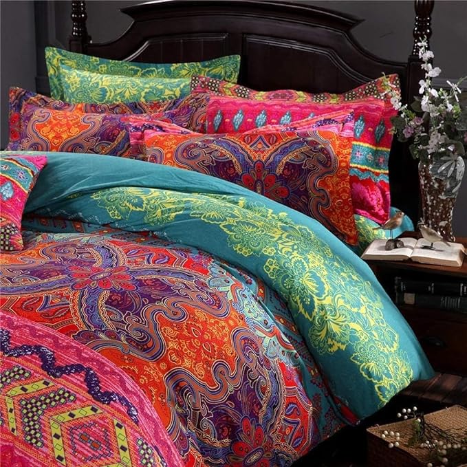 King Size Soft Chic Boho Comforter Set 3 Pieces Lightweight Exotic Yellow Orange Bohemian Mandala Colorful Retro Boho Comforter and 2 Pillowcases for All Seasons