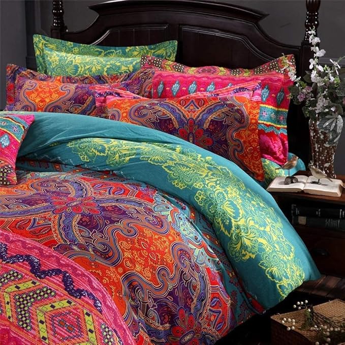 Queen Size Boho Comforter Set - 3 Pieces Lightweight Exotic Yellow Orange Mandala Colorful Retro Boho Comforter and 2 Pillowcases for All Seasons