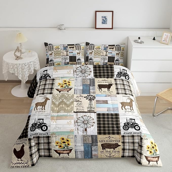 Patchwork Western Rustic Twin Bedding Set Farmhouse Black White Buffalo Plaid Bedding Comforter Sets Retro Country Farm Animal Quilt Set For Kids Boys Girls,Windmill Pig Chicken Cow Comforter 2 Pcs