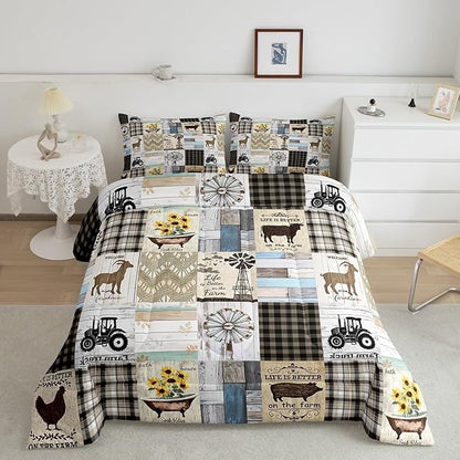 Patchwork Western Rustic Twin Bedding Set Farmhouse Black White Buffalo Plaid Bedding Comforter Sets Retro Country Farm Animal Quilt Set For Kids Boys Girls,Windmill Pig Chicken Cow Comforter 2 Pcs