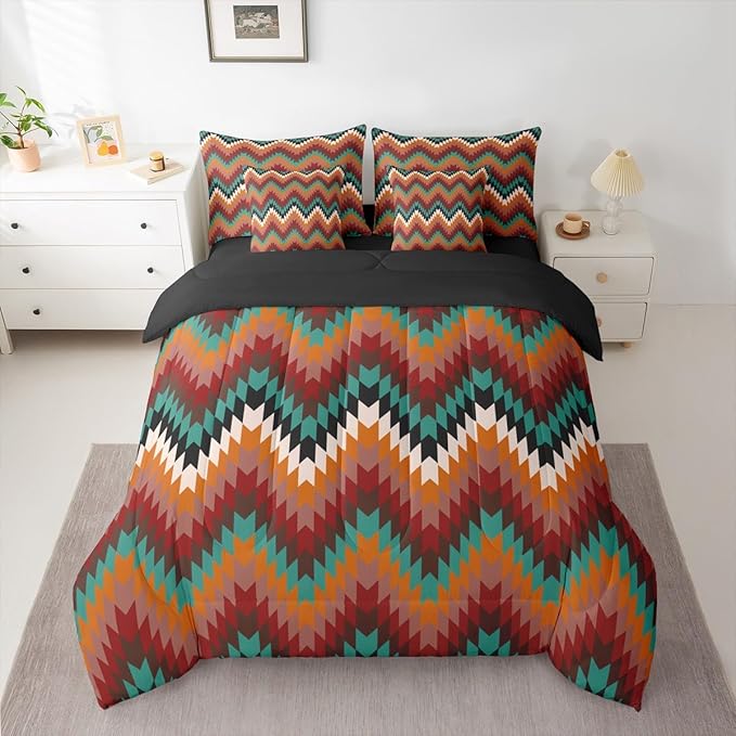 Erosebridal 7 Piece Aztec Full Comforter Set with Sheets Western Native Tribal Bed in A Bag Rustic Southwestern Bedding Sets for Women Adults Farmhouse Mexican Geometric Striped Bed Set