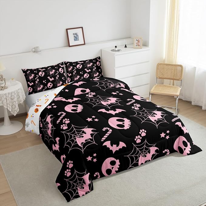 Erosebridal Cute Pink Halloween King Bedding Set Spider Web Skull Bat Comforter Set Spooky Goth Gothic Animal Bed Collections Horror Halloween Duvet Quilt Sets for Kids Teens Adults