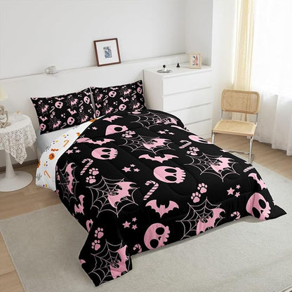 Erosebridal Cute Pink Halloween Queen Comforter Set Spider Web Skull Bat Bedding Set Spooky Goth Gothic Animal Bed Set Horror Halloween Quilt Set for Kids Teens Adults