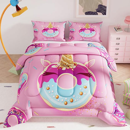 Unicorn Comforter Sets for Girls Kids Adults,Pink Colorful Background for Bedroom,Decorative 3 Piece Bedding Comforter Sets with 2 Pillow Shams, Twin Size