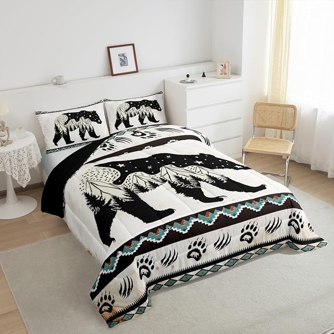 Feelyou Bear Print Bedding Set Boho Southwestern Comforter Set for Kids Boys Girls Wild Animal Hunt Comforter Rustic Farmhouse Quilt Set Room 2Pcs Toddler Size